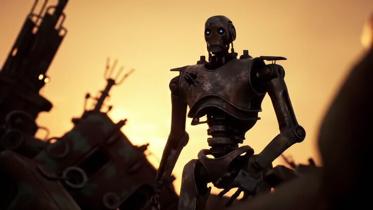 Et glimt af den mekaniske vagtpost: Udforskning af den gådefulde verden af en rusten robot mod en orangefarvet tusmørkebaggrund i et bjærget ødemark