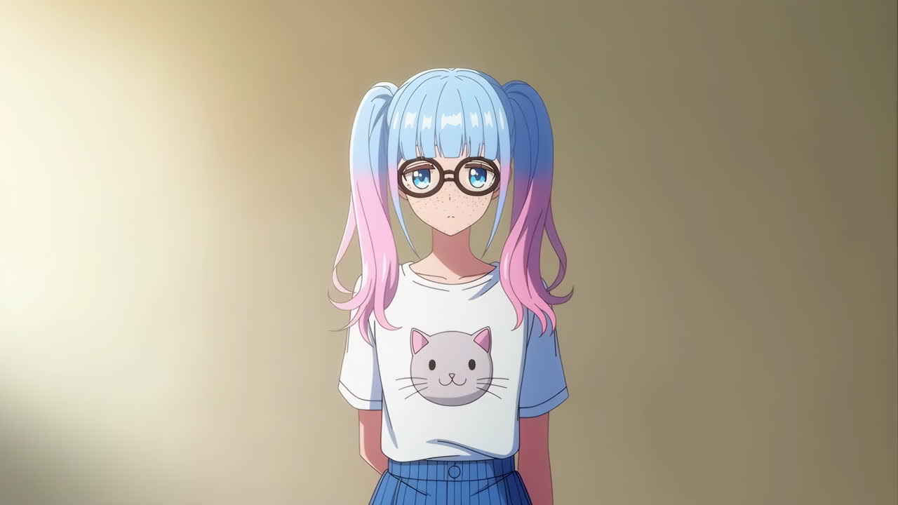 Anime girl with blue and pink pigtails and cat shirt