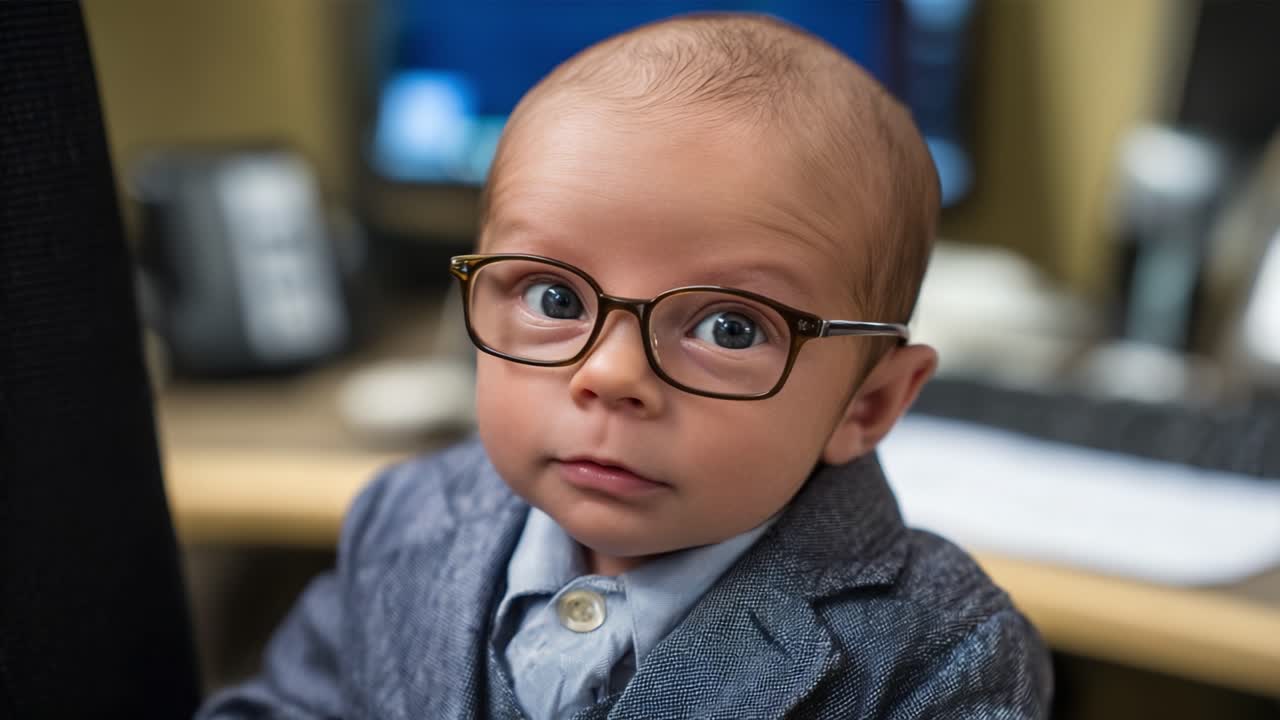 Adorabile bambino/a con occhiali e abito elegante, con un'espressione affascinante seduto/a a una scrivania con immagini di sfondo da ufficio