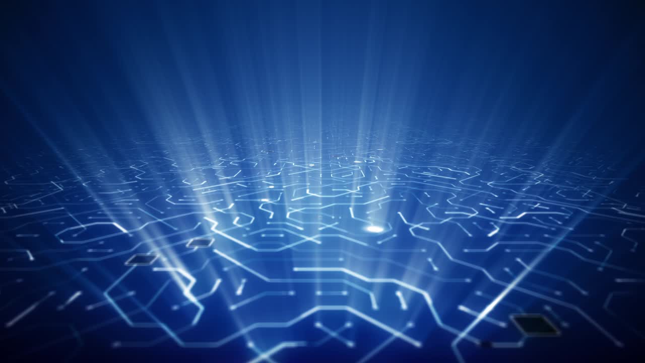 깊은 파란색 회로판을 가로질러 끝없는 여행 빛 광선 폭발 배경 루프