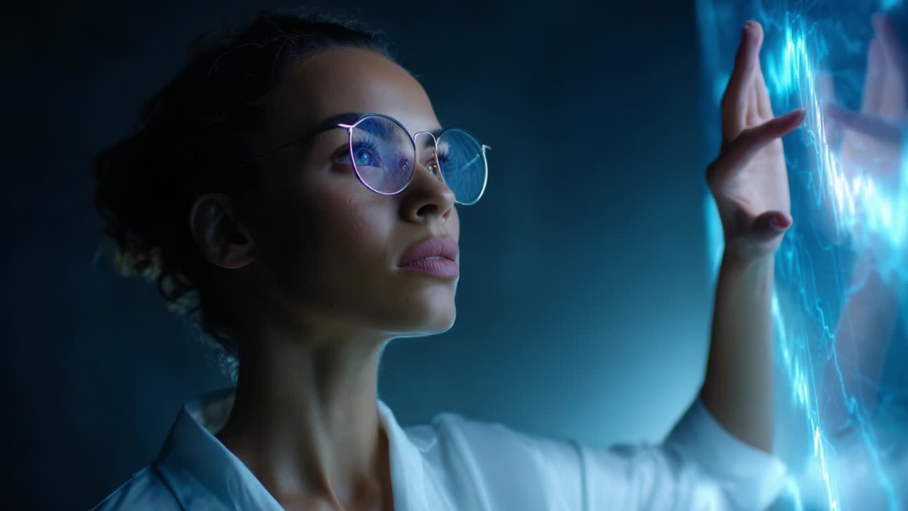 Exploring the Future: A Thoughtful Individual Engaging with Advanced Technology, Illuminated by a Futuristic Digital Interface, Representing the Intersection of Humanity and Innovation