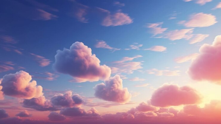 Une vidéo sereine de nuages duveteux au coucher du soleil, capturée depuis un angle bas. Les douces teintes roses et orange