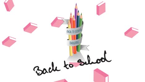 Animation-of-back-to-school-text-and-school-items-falling-on-white-background