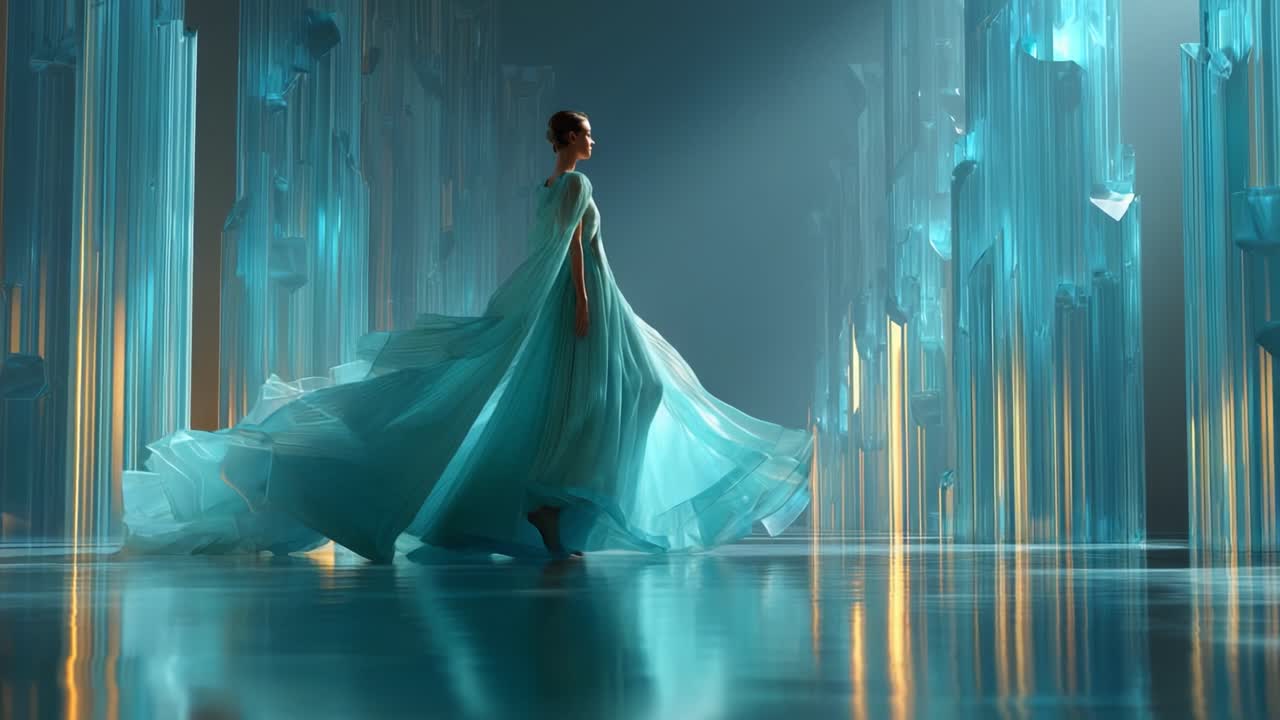 A Majestic Figure in Ethereal Attire Captivates with Graceful Movement Amidst Surreal Ice-Like Structures, Creating a Dreamy Atmosphere of Enchantment and Elegance