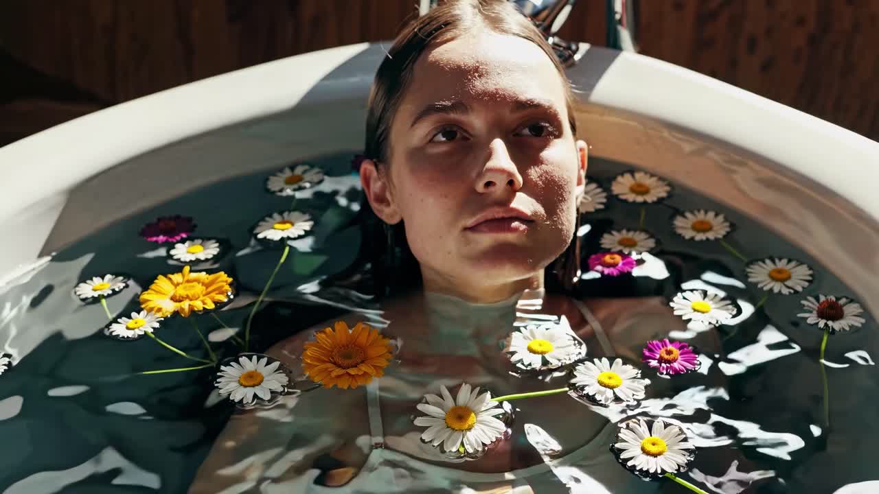 A serene video scene of a woman in a bathtub with floating flowers, captured from a high angle