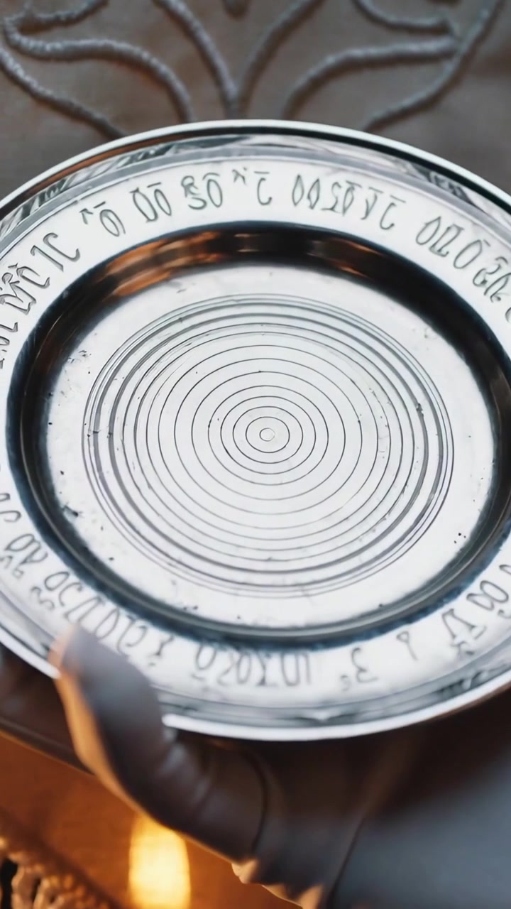 Vertical video: Adjusting grip, hand rotating metal dish before carved wood by lamp, revealing rim