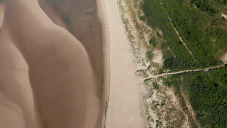 Sandy-Coastline-And-Green-Woodland-At-Kamperland-Town-In-Zeeland-Province,-Netherlands