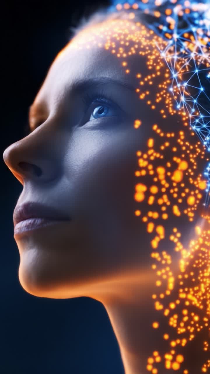 Ritratto etereo di una donna con particelle luminose che simboleggiano la trasformazione e l'intelligenza, catturando l'essenza della tecnologia e della connessione umana