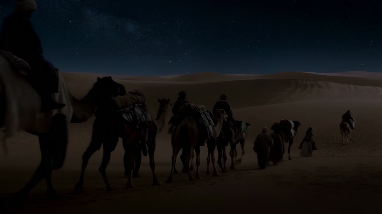 Camel Caravan Journeying Through Desert at Night Under a Starry Sky