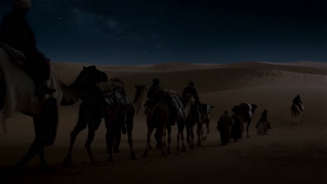 camel caravan journeying through desert at night under a starry sky