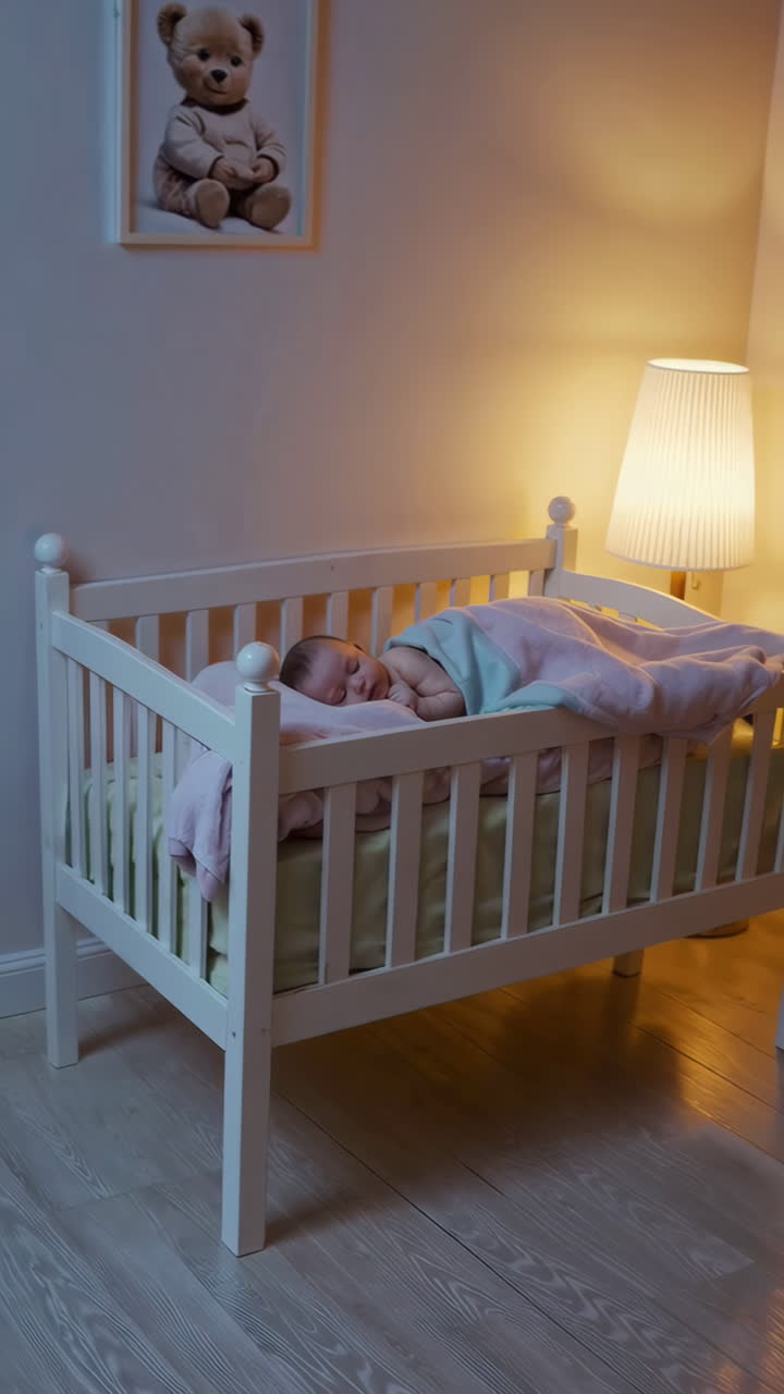 Bambino che dorme nella culla di notte