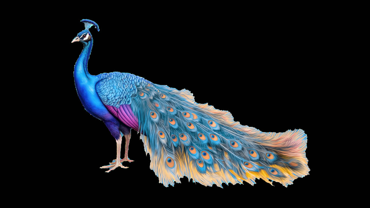Elegant peacock with vibrant plumage animation isolated asset, transparent 4K video, alpha channel