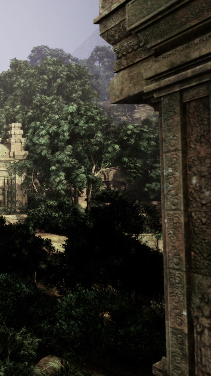 Enchanting ruins nestled in lush greenery at dawns first light
