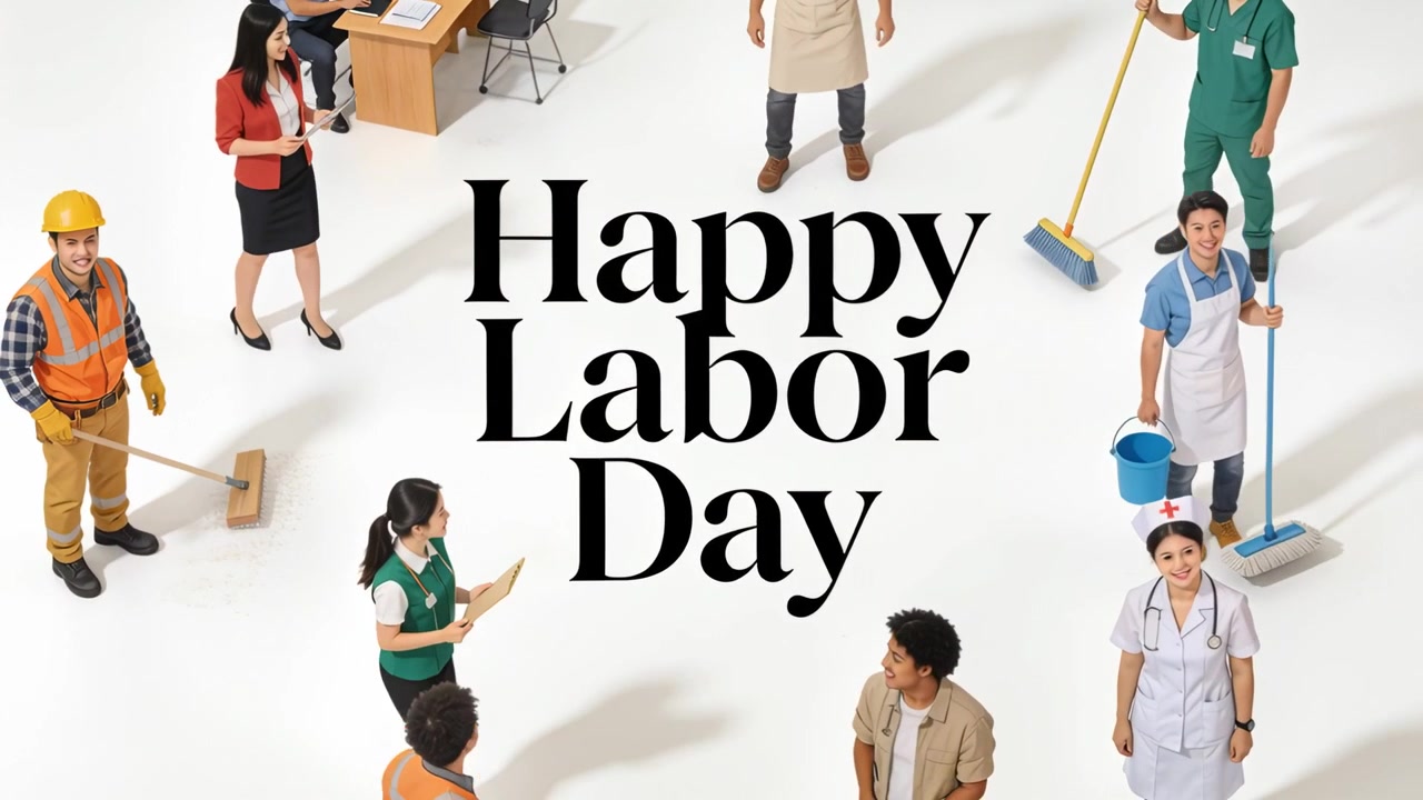 Responding to frame changes, workers shifting postures in uniforms, framing Happy Labor Day graphic