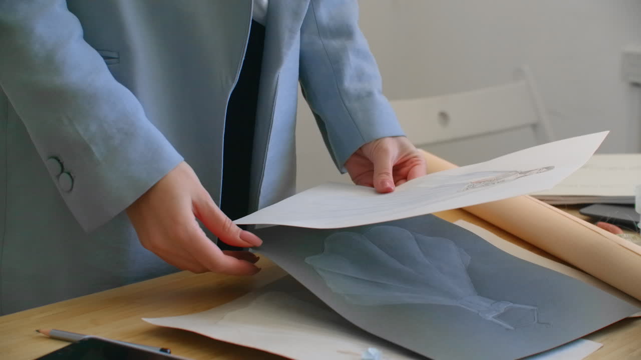 """아름다운 소녀 의류 디자이너가 워크에 혼자 서서 미소 짓는 초상화"""