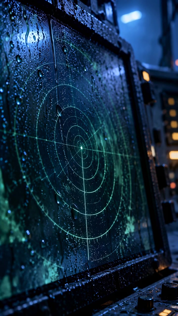 Water droplets cover angled radar screen as bright green scanning line rotates across circular grid, while luminous echoes change position against a dim blue-lit equipment background.