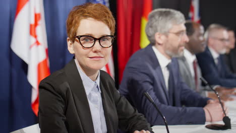 portrait of female politician at press conference