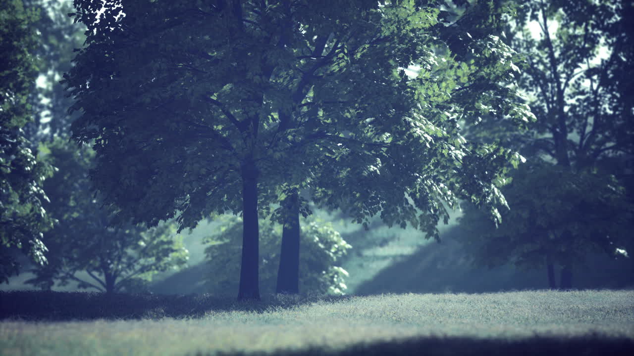 Lush green landscape with towering trees bathed in soft morning light