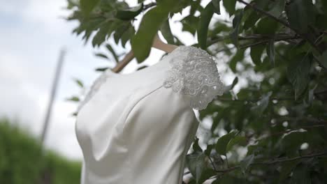 white wedding dress with lace sleeves hanging on a tree branch outdoors