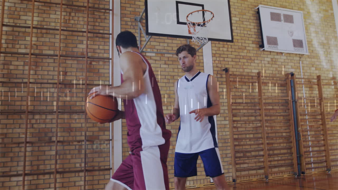 male basketball player dribbling ball toward hoop for sports training, showing chart overlays