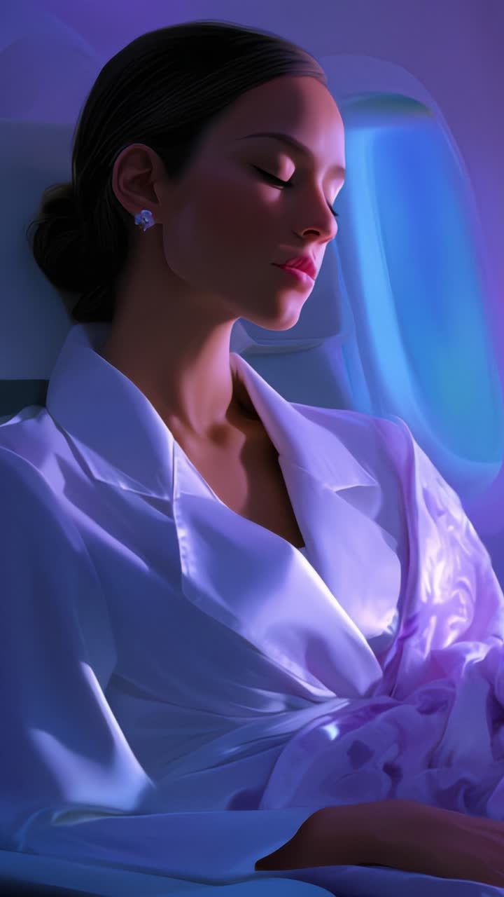Un viaggio sereno: una donna che si rilassa in un sedile d'aereo, vestita elegantemente con una vestaglia di seta, avvolta dalla luce soffusa dell'illuminazione della cabina