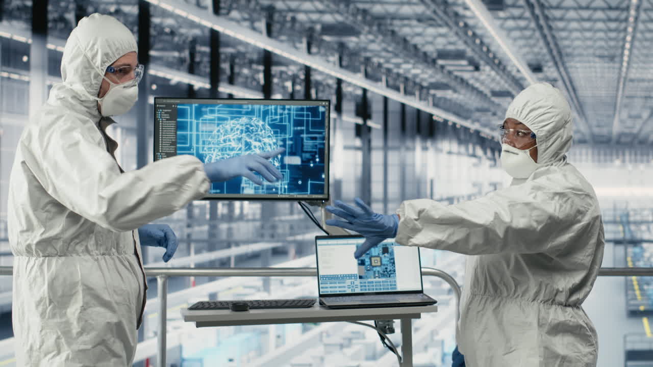 Isolated screen tablet and AI used by microchip factory worker
