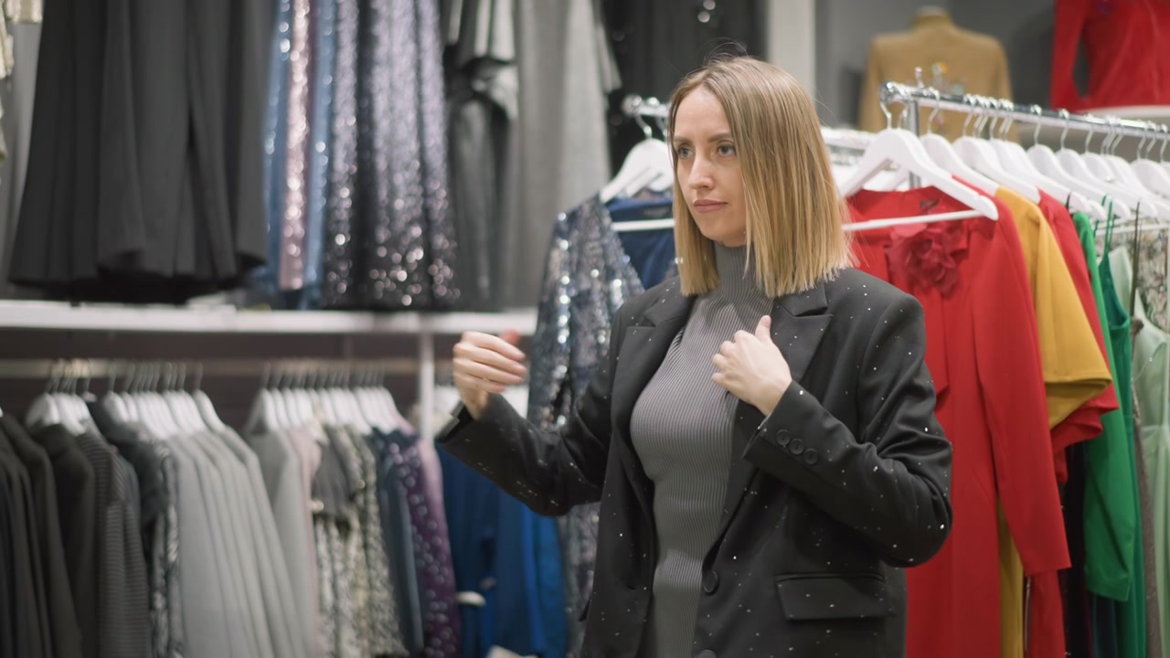 Donna prova un blazer nero in un negozio di abbigliamento esaminando la vestibilità e l'aspetto mentre è circondata da vari capi. La donna solleva la giacca per osservarla attentamente prima di indossarla