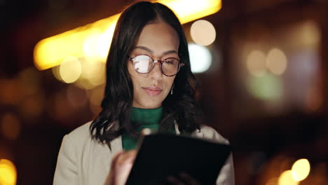 business woman, tablet or reading in city night