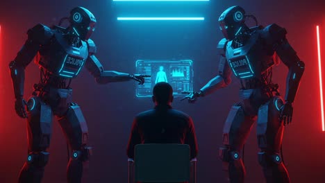 an intriguing scene featuring two advanced robots interacting with a human subject in a futuristic environment, showcasing technology's synergy with human experience