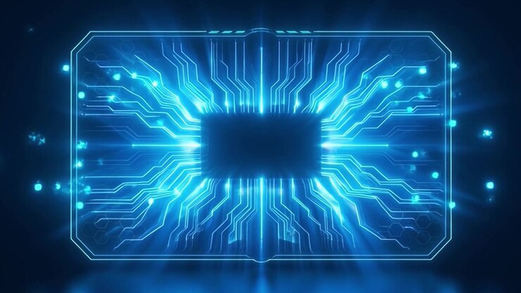 Interfaccia di circuito stampato digitale con particelle di dati blu luminose