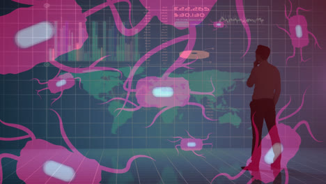 animación del hombre pensante, patrón abstracto sobre microorganismos contra la interfaz infográfica
