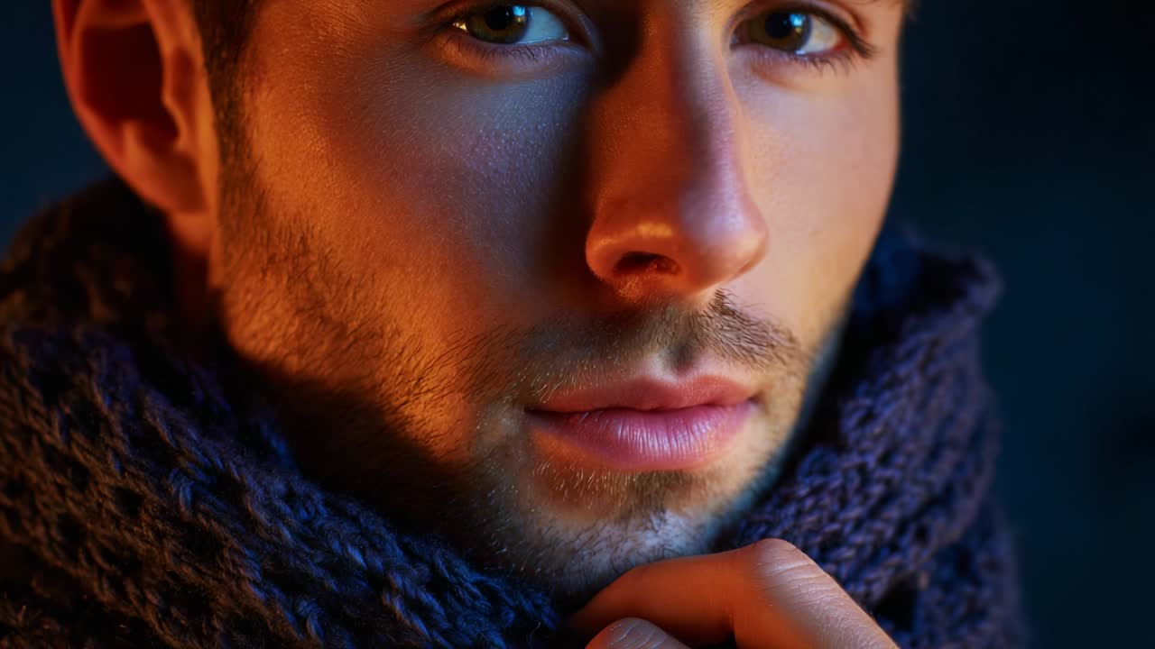 A close-up portrait of a young man wrapped in a cozy knitted scarf, showcasing his expressive eyes and thoughtful demeanor against a moody, softly lit background that enhances his features