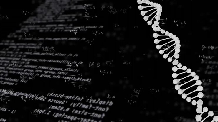 Animation of data processing and dna strand on black background