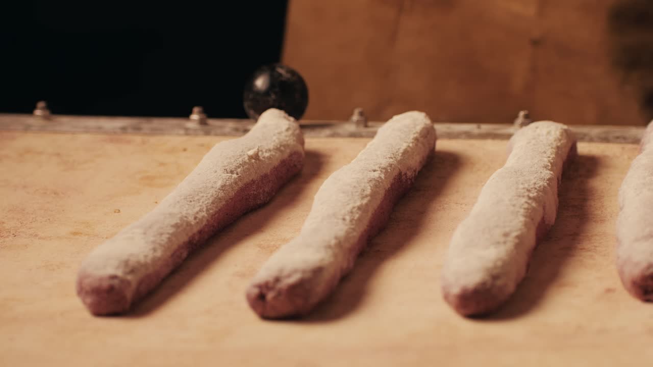 Bakery chef making fresh Artesian buns and baguettes using traditional recipe close-up. Young man kneading dough. Artisan bread is making by skill bakers using natural and high-quality ingredients. Food with health and flavour benefits. Bakery shop and market