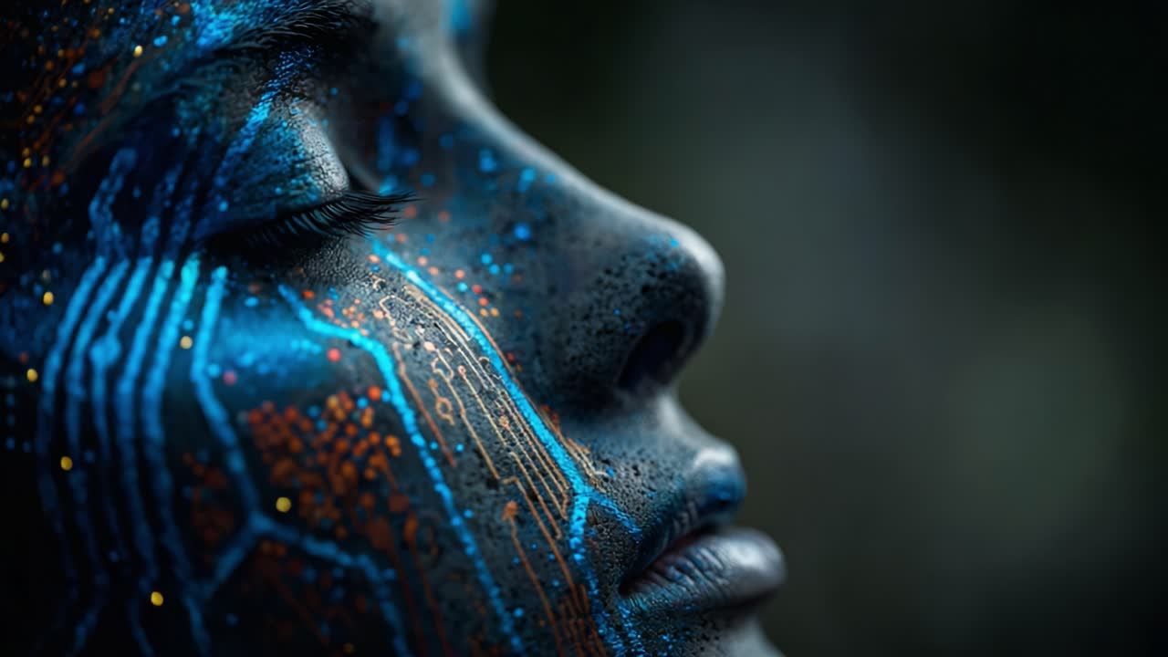 A Stunning Close-Up of a Face Adorned with Intricate Blue and Orange Body Paint, Reflecting an Artistic Blend of Technology and Nature in a Portrait