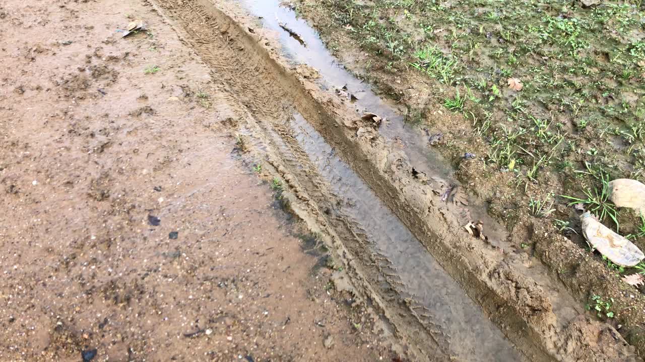 el agua de lluvia se llenó en la pista de los neumáticos del coche en el camino fangoso.