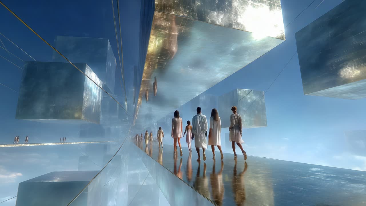 A Surreal Exploration of Human Connection within a Dreamlike Landscape: Reflective Cubes and Ethereal Figures Journeying Across an Otherworldly Path Beneath a Celestial Sky