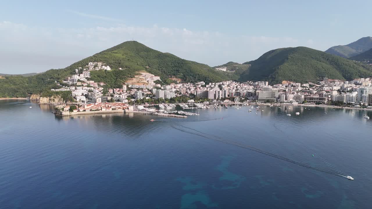 Aerial drone birds eye view budva Riviera old town city coastal montenegro balkan country balkans adriatic sea coastline Stari Grad sveti nikola island