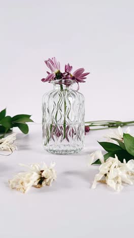 still life with withered flowers in glass vase