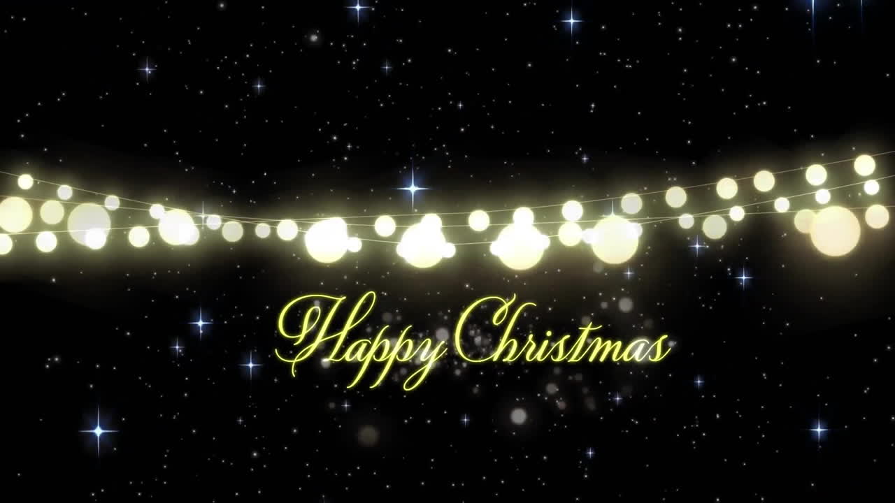 Animation of happy christmas text and glowing string lights over starry night sky
