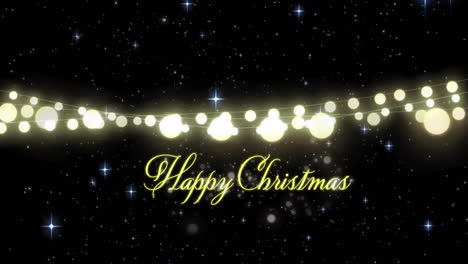 animation of happy christmas text and glowing string lights over starry night sky