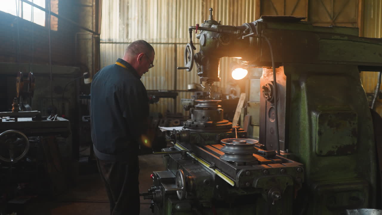 Man turns valve of milling machine to fix detail at factory
