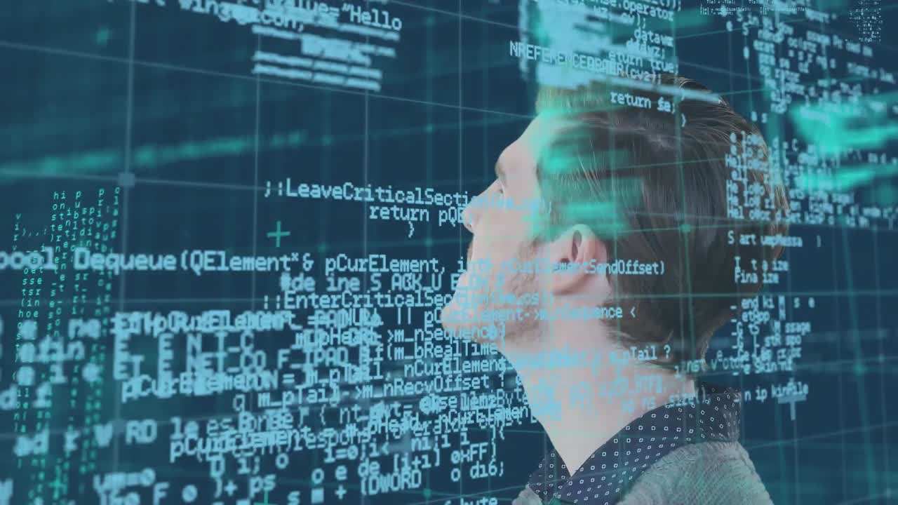 animación de la interfaz con la cuadrícula digital azul y el procesamiento de datos sobre el hombre caucásico confundido