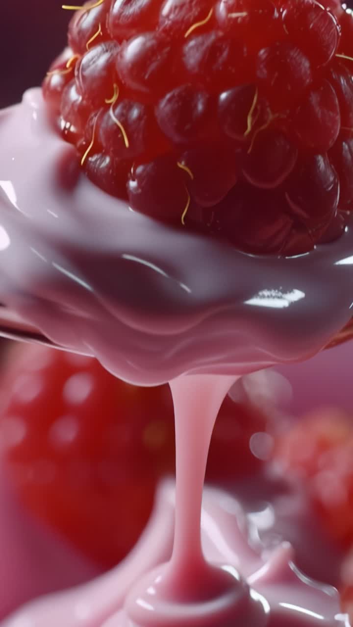Close-Up of a Fresh Raspberry Topped with Pink Cream, Capturing Its Juicy Texture and Glossy Surface in a Stunning, Detailed Macro Shot