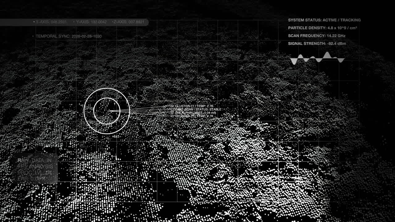 Scientific HUD featuring particle density metrics and coordinate planes. Ideal for astrophysics, quantum computing, and laboratory research