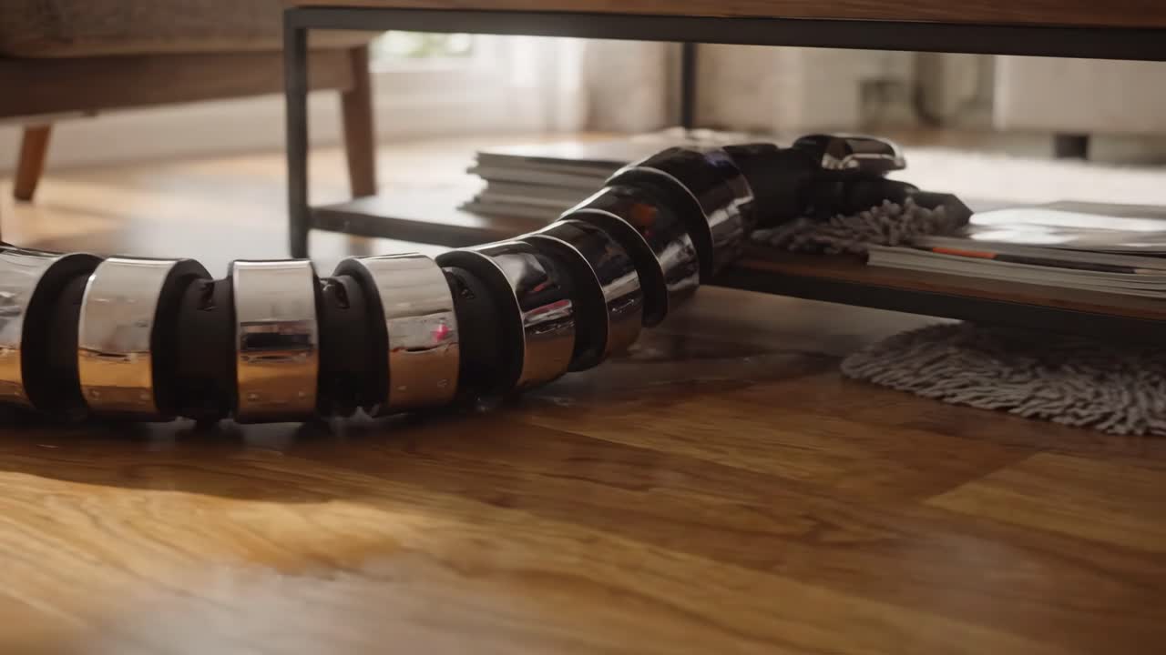 Robô de limpeza automático esfregando um derramamento em um piso de madeira.