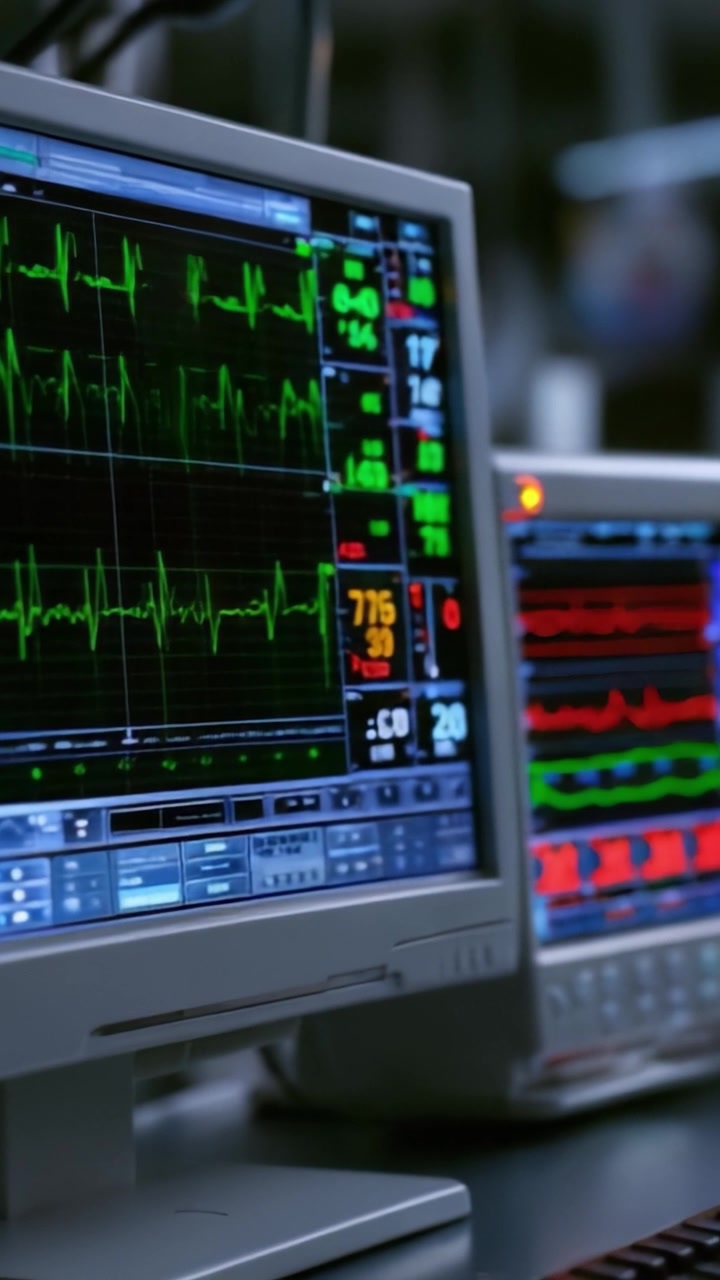 Monitoraggio dei parametri vitali: un primo piano di apparecchiature mediche avanzate che visualizzano la frequenza cardiaca e altri indicatori sanitari critici in un ambiente clinico