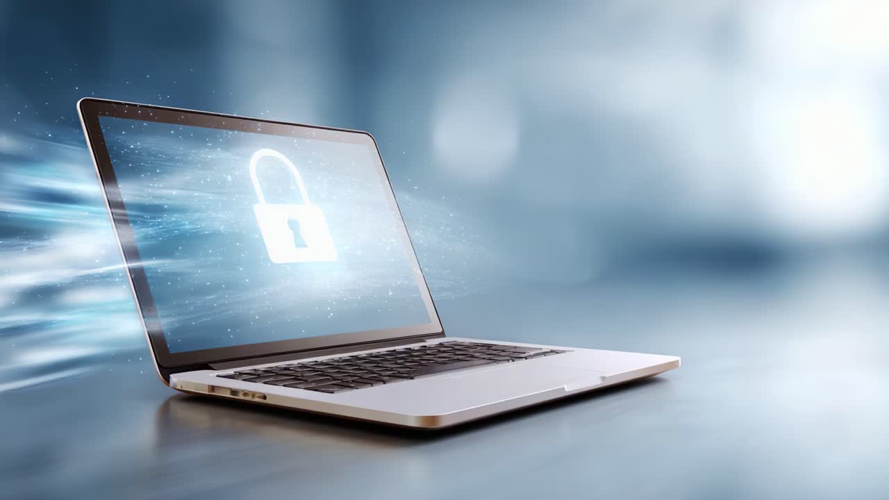 Visual Representation of Digital Security with Laptop and Lock Icon Illustrating Concepts of Privacy, Encryption, and Cyber Protection in a Modern Workspace Setting