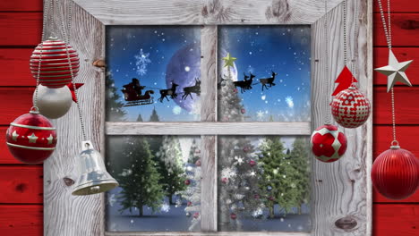 Animation-of-christmas-bauble-decorations-over-window-in-winter-scenery-background