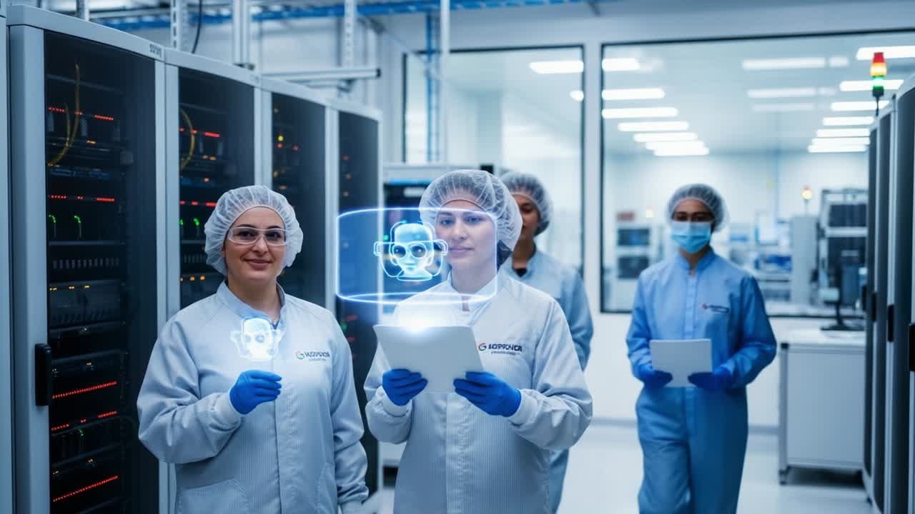 In a high-tech laboratory environment, two scientists analyze data while utilizing futuristic holographic technology and engaging with digital displays, showcasing their collaborative research efforts in innovation